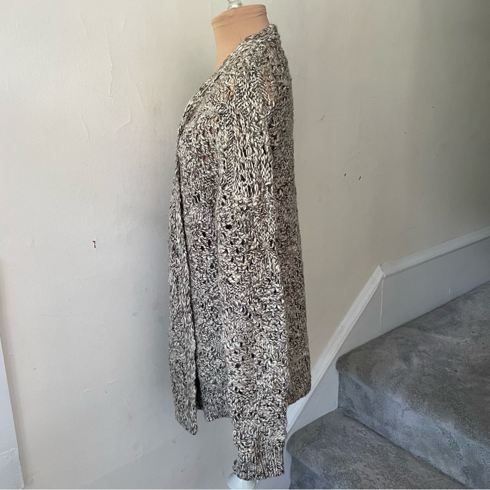 Lucky Brand Beige Wool Blend Woven Long Open Shawl Front Open Cardigan Sweater M - Picture 2 of 7